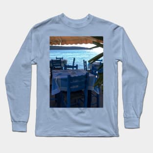 Scenic view on Mediterranean sea from Greek restaurant with blue chairs Long Sleeve T-Shirt